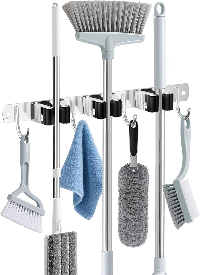 Broom Holder Wall Mount, Broom Organizer Wall Mount Stainless Steel Broom and Mop Hanger Heavy Duty Storage Organization for Home Kitchen Garden Garage Room 3 Racks 4 Hooks Black