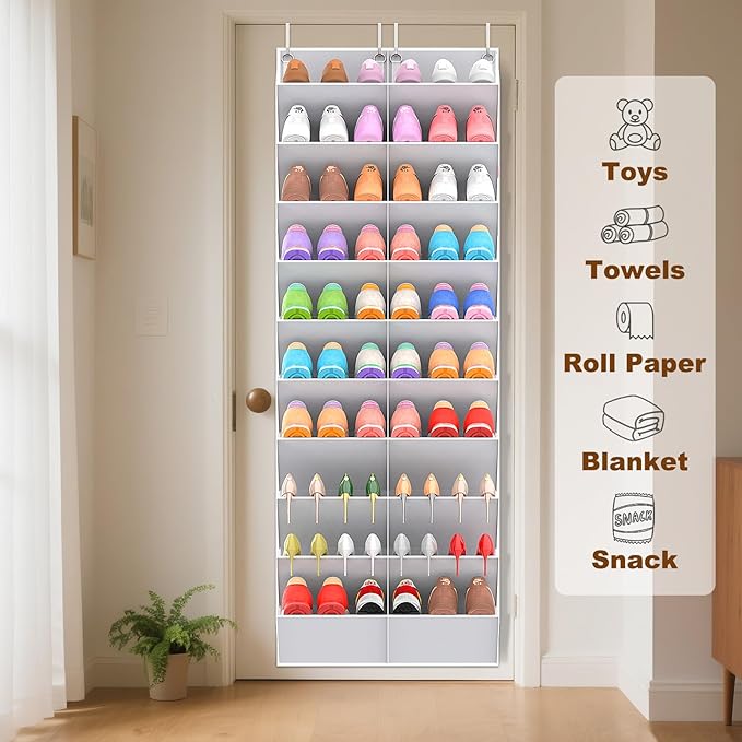 30 Pairs Over the Door Shoe Organizer, Clear Pockets Hanging Shoe Storage for Closet, 10-Tier Door Shoes Rack Storage Fit All the Family's Sneakers, Boots, Heels, Light Grey