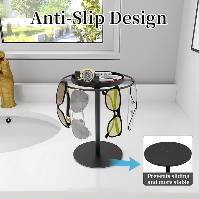 LSK Metal Sunglasses Organizer, Glasses Holder Stand with Storgae Tray, Eyeglasses Holder with Anti-Slip Pads for Tabletop, Desk, Dresser, Matte Black