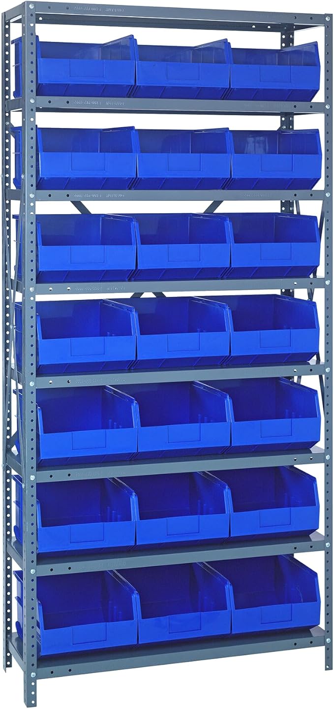 Quantum 1275-425BL Heavy Duty Shelving Unit with (8) Shelves and (21) SSB425 Blue Bins for Garage Warehouse Storage Distribution | 400 lb Load Capacity | 12"D x 36"L x 75"H, Galvanized Carbon Steel