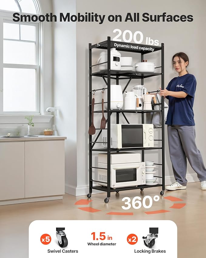 VEVOR 5-Tier Foldable Storage Shelf, 28W x 15D x 64H Inch Folding Metal Rack Shelving Unit, No Assembly Organizer Shelf with 5 Wheels & 4 Hooks for Pantry, Kitchen, Garage, Basement, Black