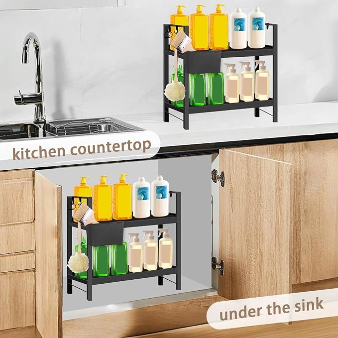 Bathroom Countertop Organizer with Basket & Hooks, 2 Tier Bathroom Organizers and Storage for Perfume, Cologne, Spice, Black Vanity Organizer for Kitchen, Office and Under Sinks