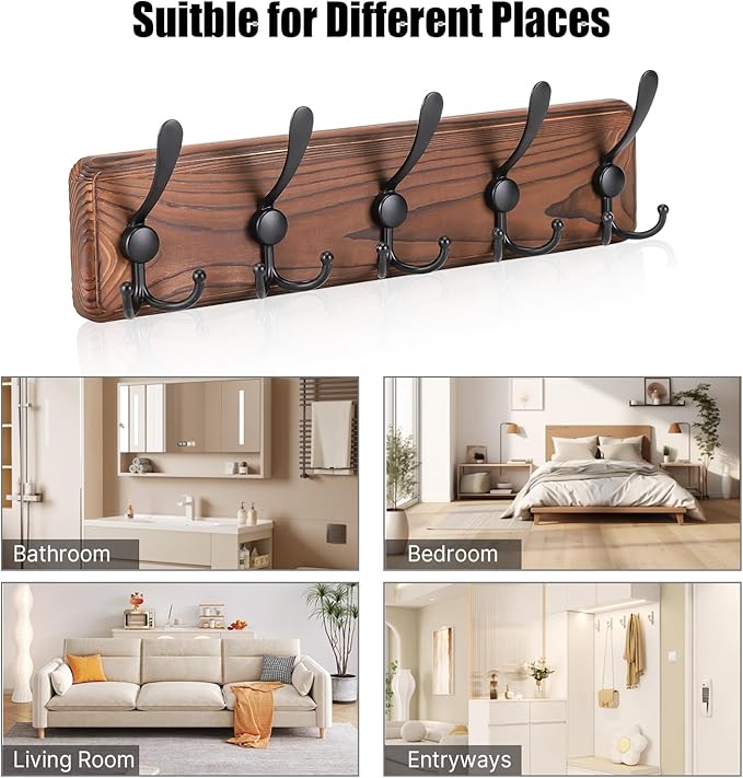 Kruodop Large Coat Rack Wall Mount Coat Hooks Coat Hanger with 5 Metal Black Triple- Hooks Brown Pine Real Wood Plank Hat Rack for Wall Hooks for Hanging Coat Hat Jacket