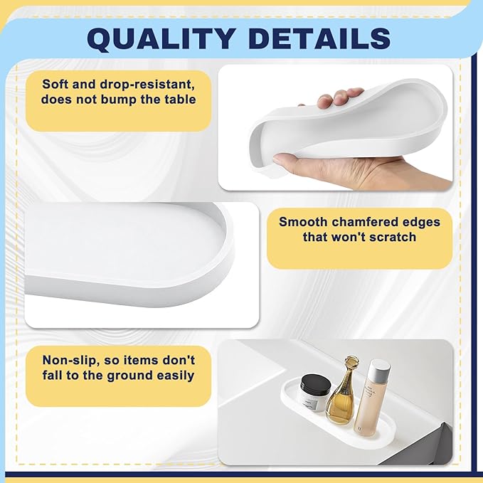 2 Pieces Silicone Shatterproof Bathroom Vanity Tray, 9.8" & 11.8" Oval White Kitchen Counter Tray, Hand Soap Dispenser Tray, Toilet Top Perfume Trays for Dresser Holder Organizer (White)