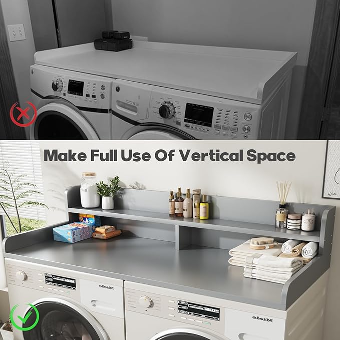 2-Tier Washer and Dryer Countertop with 2.75" H Guard,58" W x 28" D Laundry Countertop Cover with Non-Slip Pad,Large Space Laundry Topper for Folding Clothes Over Washer and Dryer-Grey