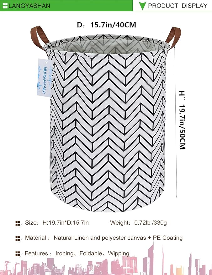 LANGYASHAN Laundry Basket Canvas Fabric Collapsible Organizer Basket for Storage Bin Toy Bins Gift Baskets Bedroom Clothes Children Nursery Hamper (Geometric)