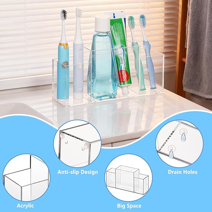 Acrylic Toothbrush Holder for Bathroom Counter, Clear Multi-Functional Toothbrush Organizer with Compartments for Electric Toothbrush, Toothpaste