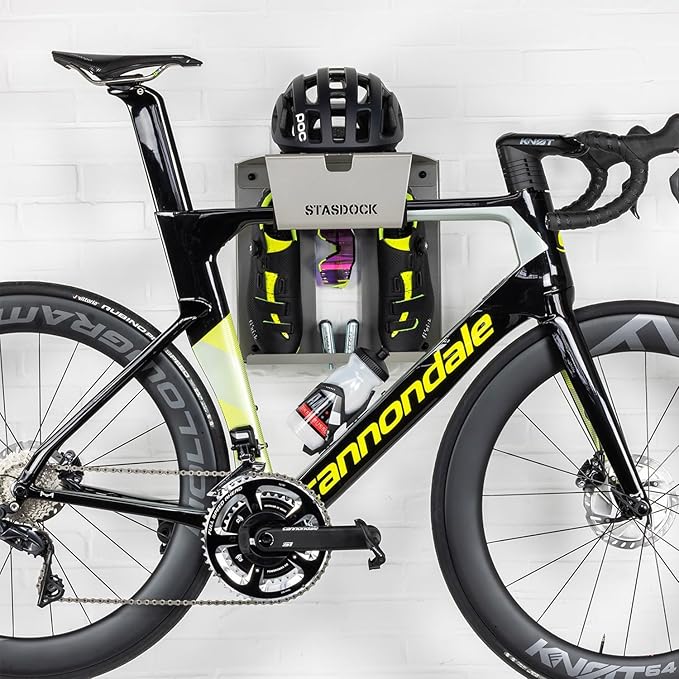 Stasdock Wall Bike Rack | Bike Storage Wall Mount System | For Race Bicycles (Silver Metallic) and Mountain Bikes | Bike Shelf | Indoor bike wall bracket | Stores helmet and shoes | Home and Garage
