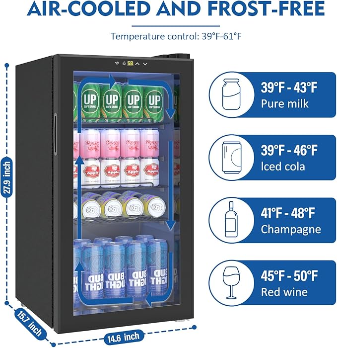 Beverage Refrigerator Cooler, 120 Can/3.2 Cu.Ft Mini Fridge with Glass Door and Electronic Temperature Control for Beer, Wine, Soda, Compact Drink Fridge for Home, Office, Bar