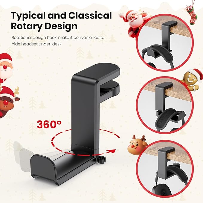 3 in 1 Rotating Headphone Stand for Gamer - EURPMASK [Xmas Gift Set] Headset Stand 2 Detachable Controller Holders,Clamp-on Headphone Holder Christmas Greeting Card,Bag,Box, Stocking Stuffer for Gamer