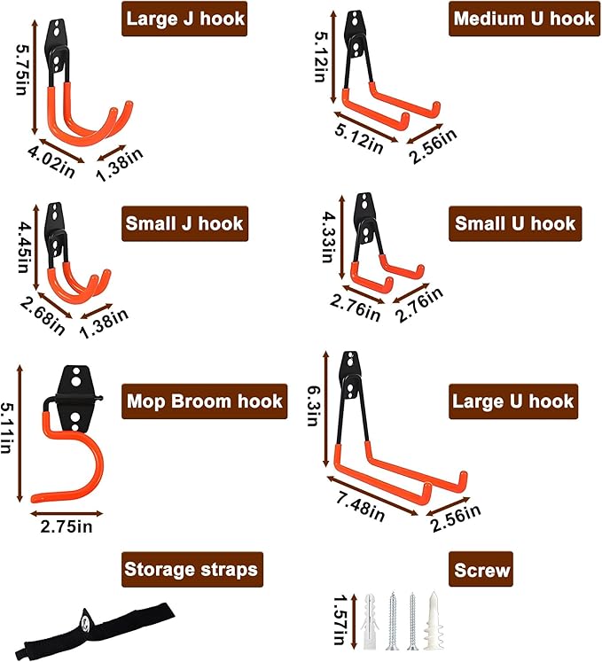 16 Pack Steel Wall Mount Garage Storage Hooks Heavy Duty | Anti-Slip Coating | Bikes | Storage Organizer | Ropes | Hose | Garden Tools