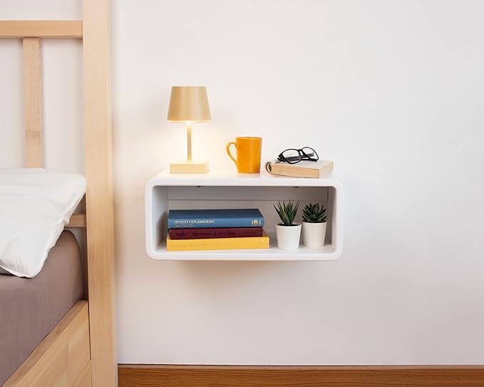 Floating Nightstand Wooden, Bedside Table, Nightstand Shelf, Handmade, Wall Mounted Bedside Shelf, Minimalist and Unique Style (White)