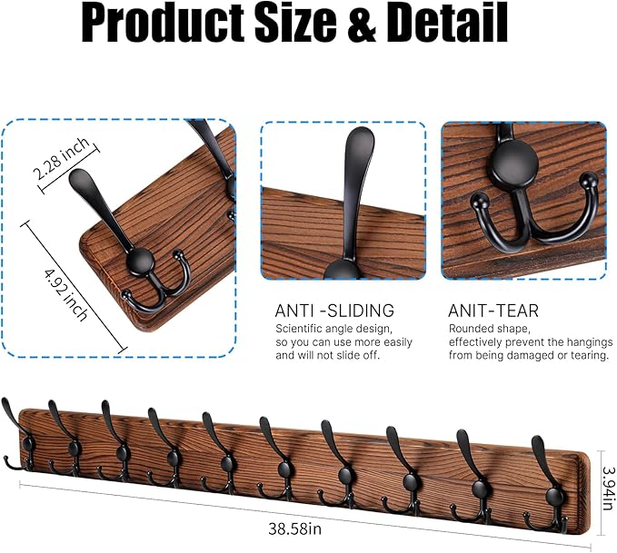 Kruodop Large Coat Rack Wall Mount Coat Hooks Coat Hanger with 10 Metal Black Triple- Hooks Brown Pine Real Wood Plank Hat Rack for Wall Hooks for Hanging Coat Hat Jacket