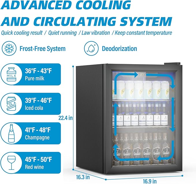Compact Beverage Refrigerator,70 Can/1.6 Cubic Feet Fridge with Glass Front Door for Soda, Beer or Wine, Under Counter Small Refrigerator with Adjustable Shelve & Digital Display
