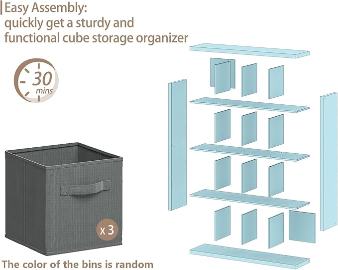 furtble Bookshelf with Storage Bins, 16-Cube Storage Organizer with Back Panels, Modern Wood Open Bookcase, Multifunctional Display Shelf for Living Room, Bedroom, Home Office, Black