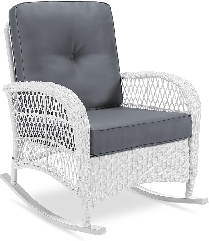 VIVIJASON Outdoor Wicker Rocking Chair, Patio Rattan Rocker Chair with Cushions & Steel Frame, All-Weather Rocking Lawn Rattan Furniture for Garden Backyard Porch (White Wicker/Grey)