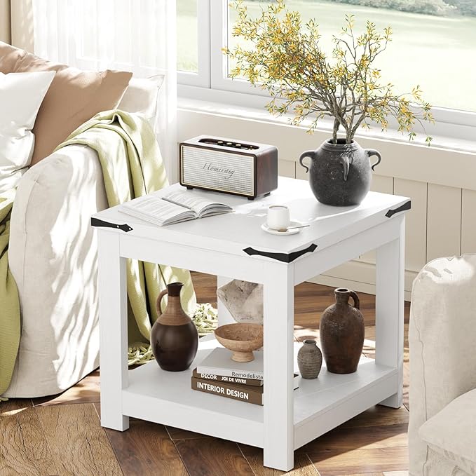Homieasy End Table, 20 Inch Square End Table, Farmhouse Wood Side Table with Storage Shelf, Industrial Accent Bedside Table for Living Room, Bedroom,White