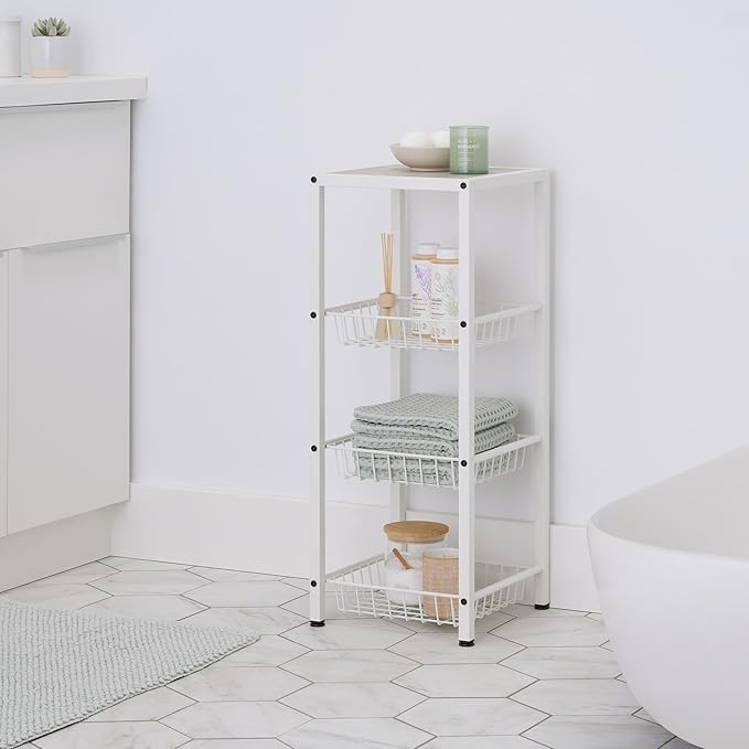 TRINITY 4-Tier Freestanding Metal Shelving Rack with Wire Baskets, Wood Top, and Adjustable Feet, 12"x12"x30", White + Gray-Wash Top