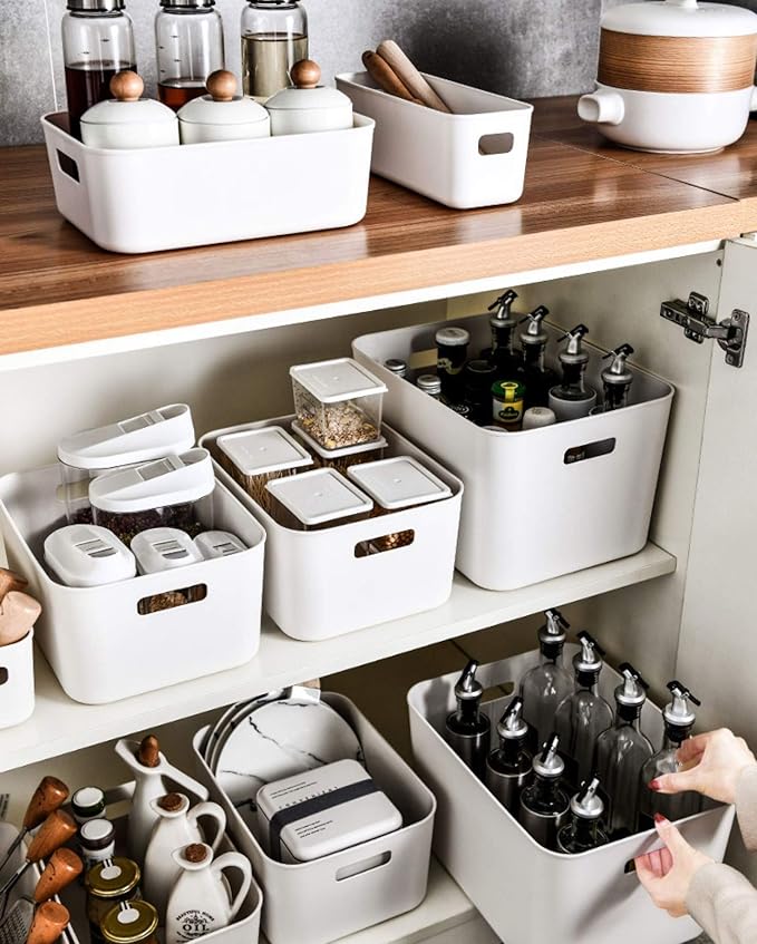 Set Of 3 Plastic Storage Bins,Versatile Kitchen Pantry Organization and Storage,for Plastic Storage Container Under Bed,Under Sink Bathroom Organizer (White, 3 Pack Small
