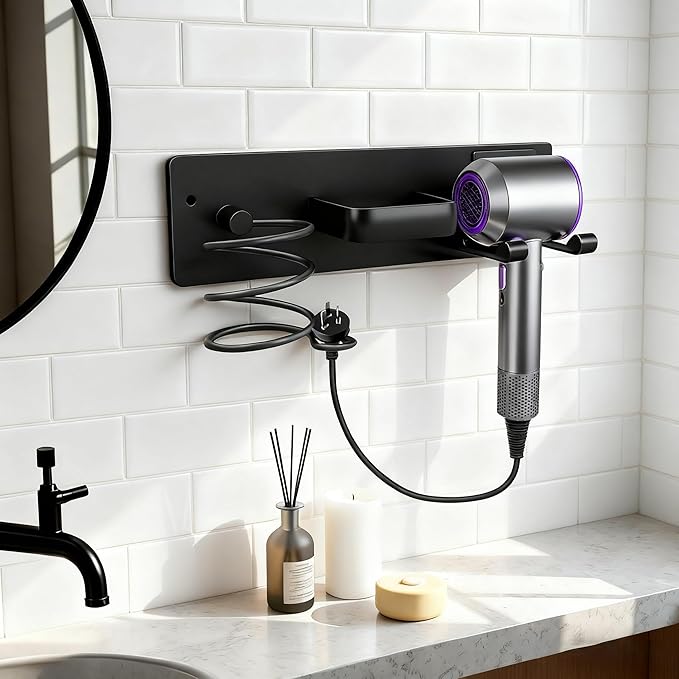 Hair Dryer Holder Blow Dryer Holder for Wall Mount Curling Iron Holder Flat Iron 3 in 1 Bathroom Hair Tool Organizer Rack, Matte Black