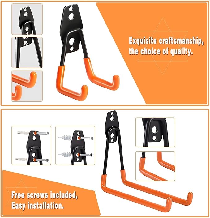 Steel Garage Storage Hooks - 32 Pack Anti-Slip Coating, Heavy Duty Wall Mount Wall Hooks for Hanging Bike, Ladder, Garden Tools, Power Tools, Bulk Items Ropes, Utility Garage Organization Housolution