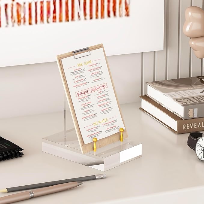 Acrylic Easel Display Stand with Adjustable Gold-Toned Hardware for Pictures, Crystal Clear Acrylic Stand with Floating Appearance for Cookbook, Invitation and Plates