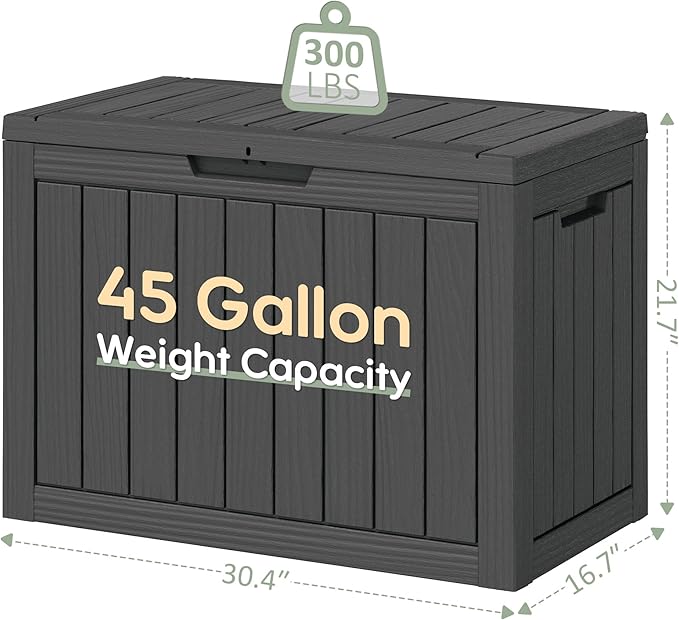 45 Gallon Outdoor Storage Deck Box Waterproof,Garden Tool,Backyard Cushion,Poolside Storage,Small Delivery Boxes for Outside,UV-Resistant & All-Weather,Wood-like Striped BLack