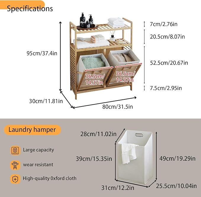 Double Tilt Out Laundry Hamper, Bamboo Hamper with 2 Removable Bags, Pull Out Laundry Hamper Cabinet, Bathroom Storage Shelf for Laundry Room, Living Room, Bedroom (2-Tier, Natural)