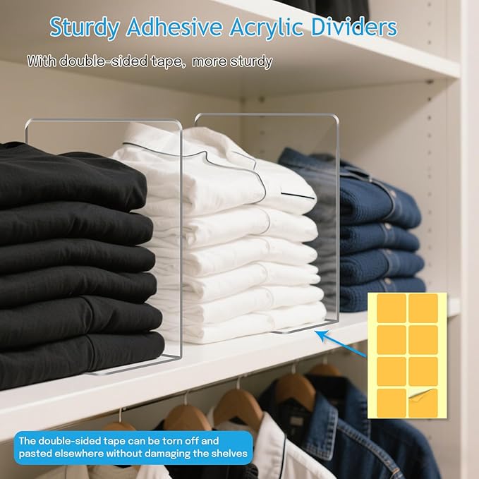 OKPOW Shelf Dividers Closet Organizer - 12" Tall X 9" Deep Acrylic Clear Sturdy Separate for Clothes Purse - Adjustable Space Saver Easy Install for Home Organization Enthusiasts 4 Pack