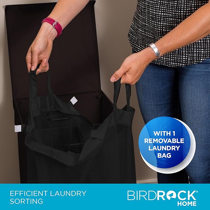 BIRDROCK HOME Single Laundry Hamper with Lid and Removable Liner | Linen | Easily Transport Laundry | Foldable Hamper | Cut Out Handles