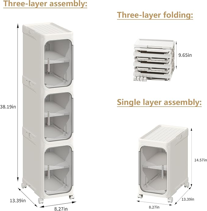 3-Tier Tall Narrow Storage Cabinet, Slim Bathroom Storage Cabinet with Adjustable Shelves and Wheels, Narrow Organizer for Small Space, Bathroom, Kitchen, Laundry