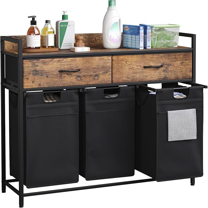 Laundry Hamper baskets 3 Section with 2 Drawers, 150L Laundry Sorter with Wheels Pull-Out Removable Laundry Bags, Rustic Brown and Black