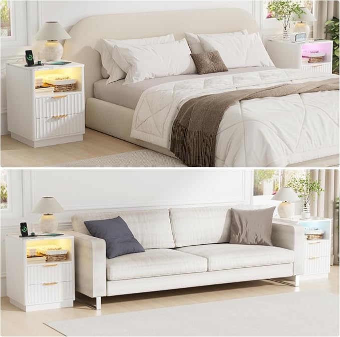 VOWNER Fluted Nightstand with Charging Station, 18” Night Stand with 2 Drawers, Faux Marble Top End Table with Storage Shelf, Curved Profile Side Table, Bedside Table for Bedroom Living Room, White