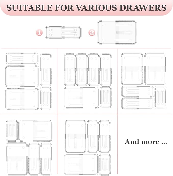 DILIBRA 12 Pcs Clear Extendable Drawer Organizer, Adjustable Drawer Storage 2-Size Desk Drawer Organizer, Plastic Non-Slip Storage Bins for Makeup, Cosmetic, Jewelries, Utensils, Stationery, Dressers
