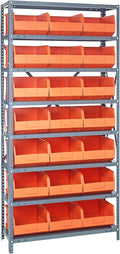QUANTUM STORAGE SYSTEMS 1275-445OR Solid Heavy Duty 8 Shelves 21 Stackable Shelf Bins Orange Bins 75" H x 36" W x 12" D