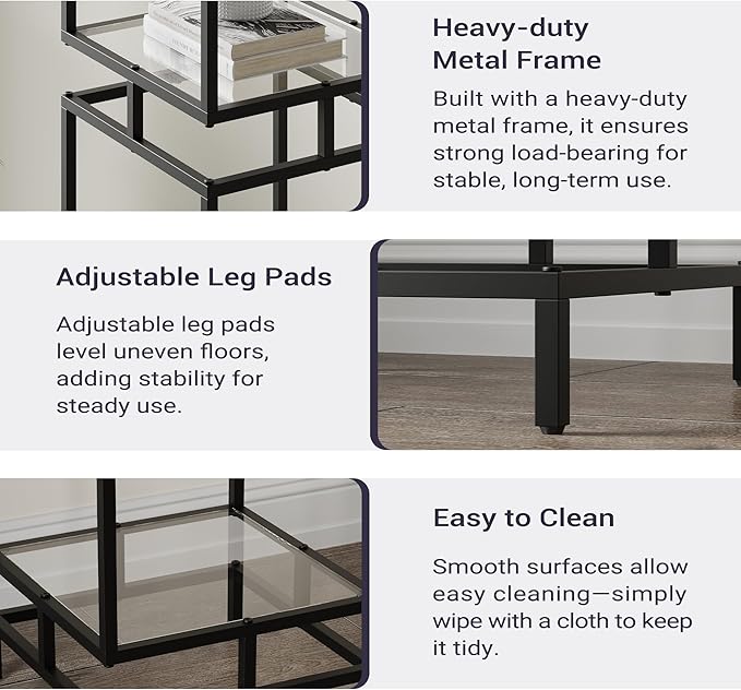 4 Cube Glass Shelf, 4-Tier Bookshelf, Display Shelf Rack, Metal Storage Rack with Tempered Glass, Modern Style for Living Room, Bathroom, Kitchen, Black