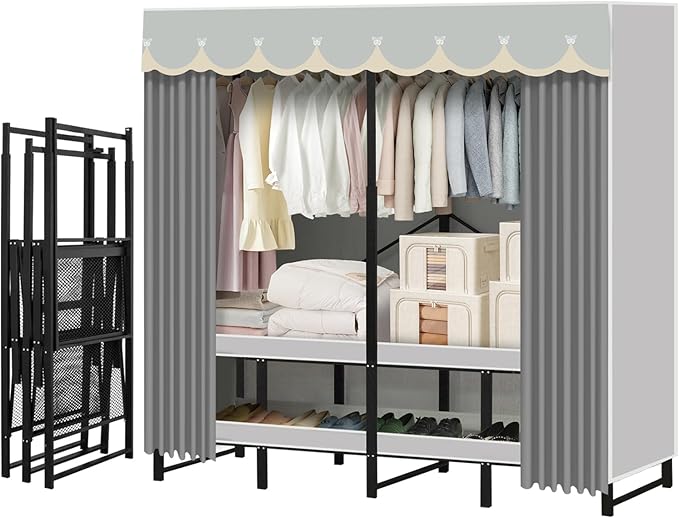 Portable Closet Rack Heavy-Duty Foldable Garment Racks with Cover 1200lbs Enclosed Wardrobe Closet with Independent Area for Hanging Clothes Storaging of Bedding (51in*20in*67in)