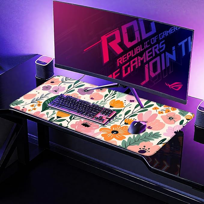 Large Mouse Pad, Floral Garden Desk Mat, Extended Gaming Mouse Pad with Non-Slip Rubber Base, Thick 3mm Smooth Surface Keyboard Mat for Office & Home,35.5 x 15.8 in