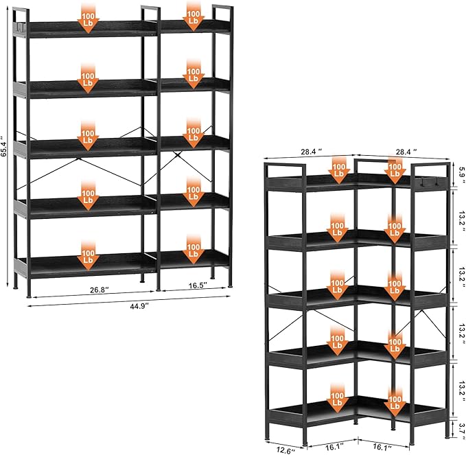 KOUSEI 5-Tier Corner Bookshelf, Reversible L-Shaped Bookcase with 4 Hooks, 65" Industrial Wood & Metal Storage Shelf for Living Room, Home Office & Bedroom, Black