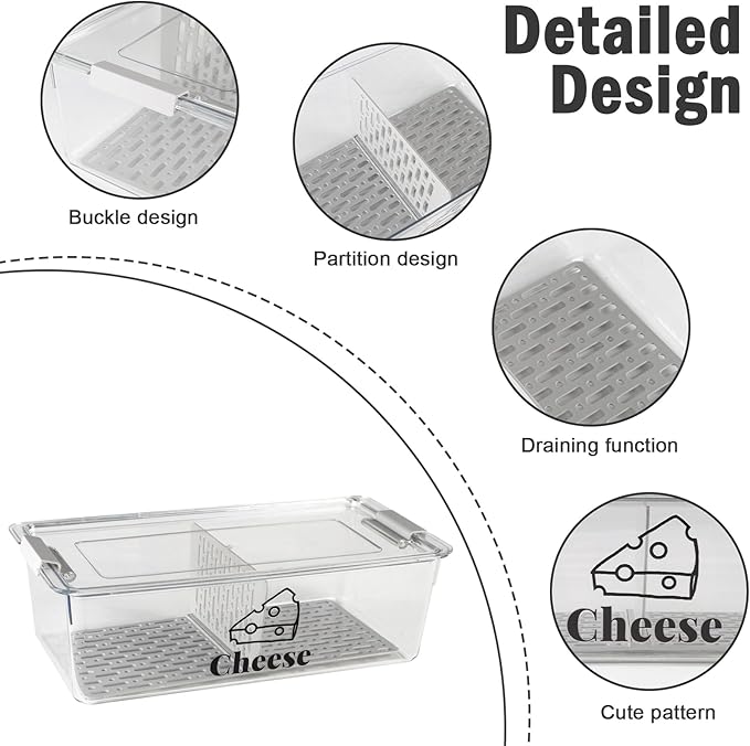 Cheese Container Airtight with Draining Basket Cream Block Cheese Sliced Cheeses Box with Lid for Fridge Shredded Saver 2 Compartment Deli Meat Storage Box,Cheeses Sliced,Grated,Cheddar Keeper
