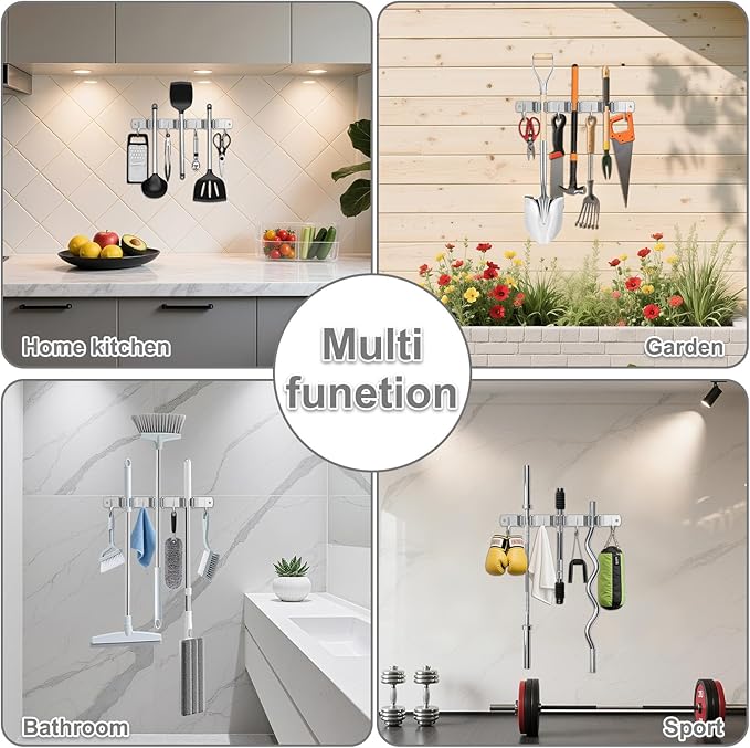Broom Holder Wall Mount, Broom Organizer Wall Mount Stainless Steel Broom and Mop Hanger Heavy Duty Storage Organization for Home Kitchen Garden Garage Room 3 Racks 4 Hooks Grey