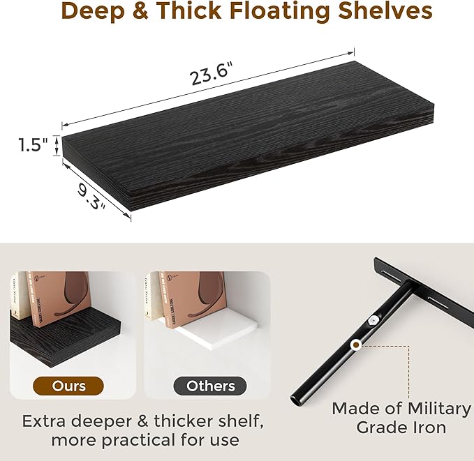 Black Floating Shelves 24 Inch Long 2 Pack for Bedroom|Kitchen|Bathroom, Wall Mounted Rustic Wood Wall Shelves, 9.3 Inch deep Floating Shelf with Invisible Brackets for Books|Storage|Decor