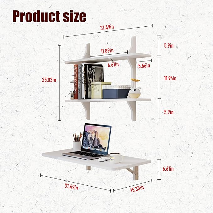 Pmnianhua Wall Mounted Folding Table, 31'' Floating Laptop Desk with Shelves, Foldable Drop Leaf Table, Wall Mount Fold Down Table for Laundry Room Kitchen Bar Home Office Small Space(White)