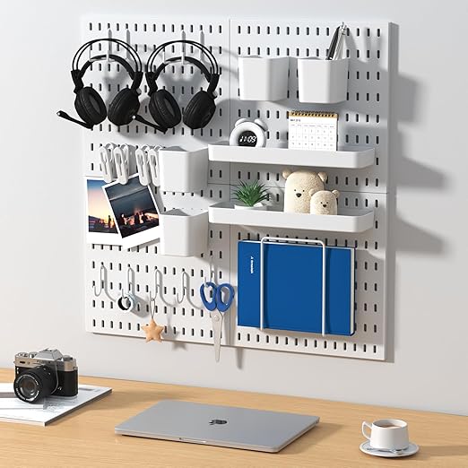 Peg Board Combination Kit, 4 Pegboards with 20 Accessories, Pegboard Wall Organizer for Office, Nursery & Home Storage, Key Holder, 25.6"x25.6" – Nail-Free Installation（White）