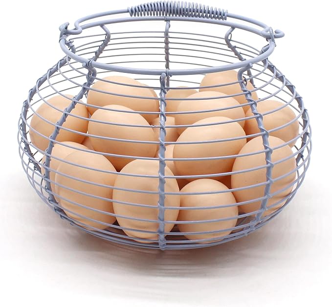 CVHOMEDECO. Elegant Wire Egg Basket with swimming Handle Primitives Vintage Gathering Basket. Light Blue (7-3/4"Dia. X 5"H Blue)