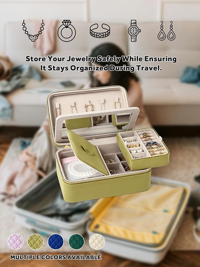 Velvet Travel Jewelry Box with Large Mirror, Double-Layer Jewelry Organizer Case for Women and Girls, Portable Storage Case with 6 Anti-Tarnish Bags Gift Ready for Her (Avocado Green)