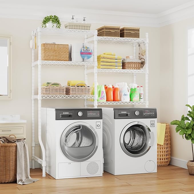 U15 Over Washer and Dryer Storage Shelves, Laundry Above Washer Dryer Storage Rack Space Saver, 6-Tier Wire Shelf with 4 Hooks for Organization, 63.4"W x 17.3"D x 76.4"H, Holds 568lbs, White