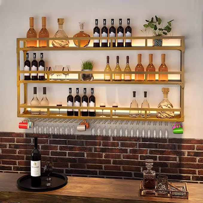 70.8in Wall Mounted Wine Rack, Wine Rack Wall Mounted with Wine Glass Rack, Metal Bar Bottle Display Shelf Wine Cups Hanging Holder, for Home Bar Cafe Decoration (Gold, 70.8 * 10 * 35.5IN)