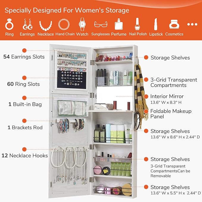 GISSAR Jewelry Mirror Armoire Wall Mount Over The Door Cabinet Storage Organizer Lockable Full Length Door Mirror(White)
