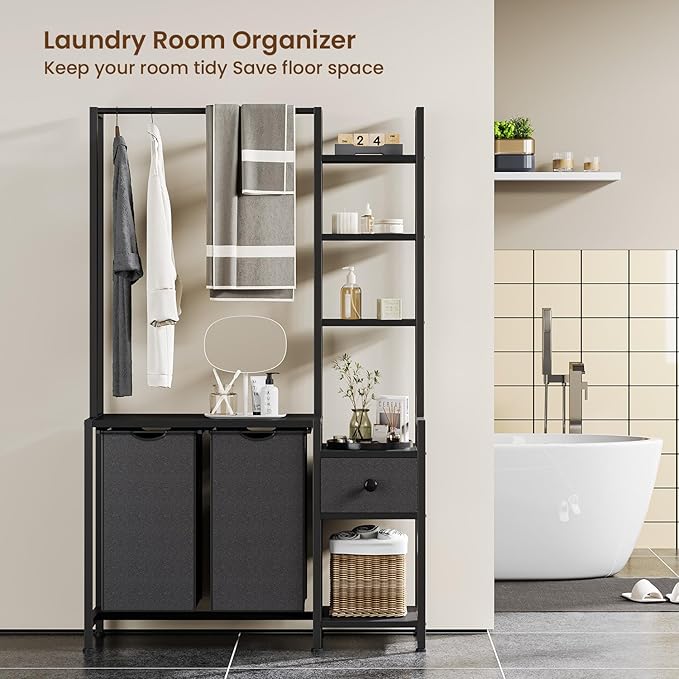 Laundry Hamper with Shelf, 5 Tiers Tall Laundry Basket Sorter with 2 Pull-Out and Removable Bags, Clothes Rack with Laundry Sorter for Laundry Room Bathroom Bedroom, Black